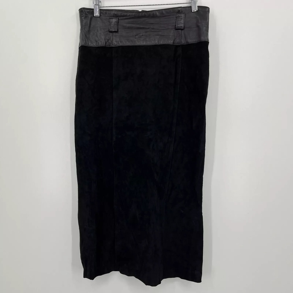 Erez Levy Womens Black Leather and Suede Mixed Media Midi Skirt Size 8